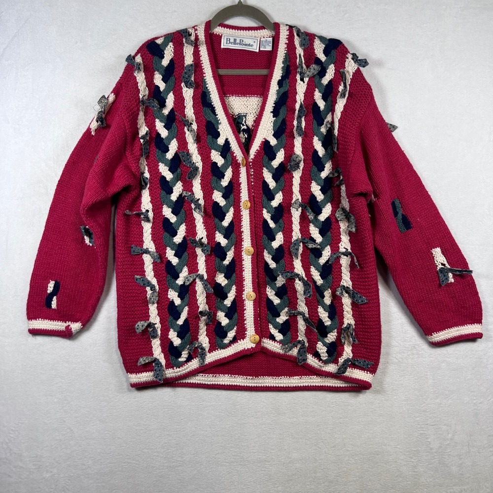 BellePointe Vintage Braided Cable Knit Cardigan Red Blue Bows Ramie Cotton Med